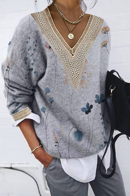Tops casuales con cuello en V y patchwork con estampado