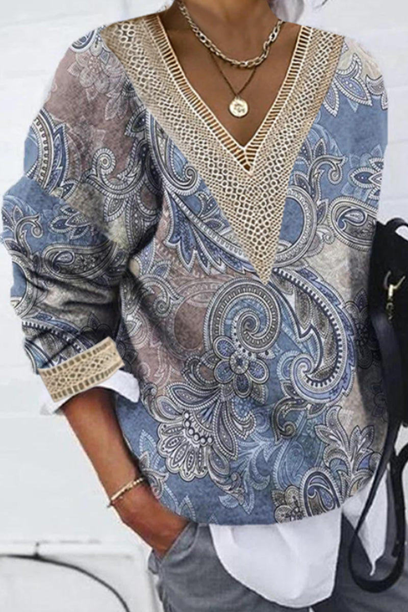 Tops casuales con cuello en V y patchwork con estampado