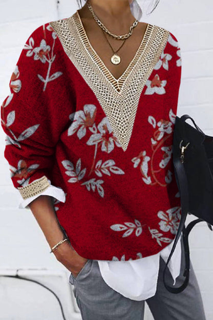 Tops casuales con cuello en V y patchwork con estampado