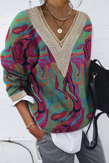 Tops casuales con cuello en V y patchwork con estampado