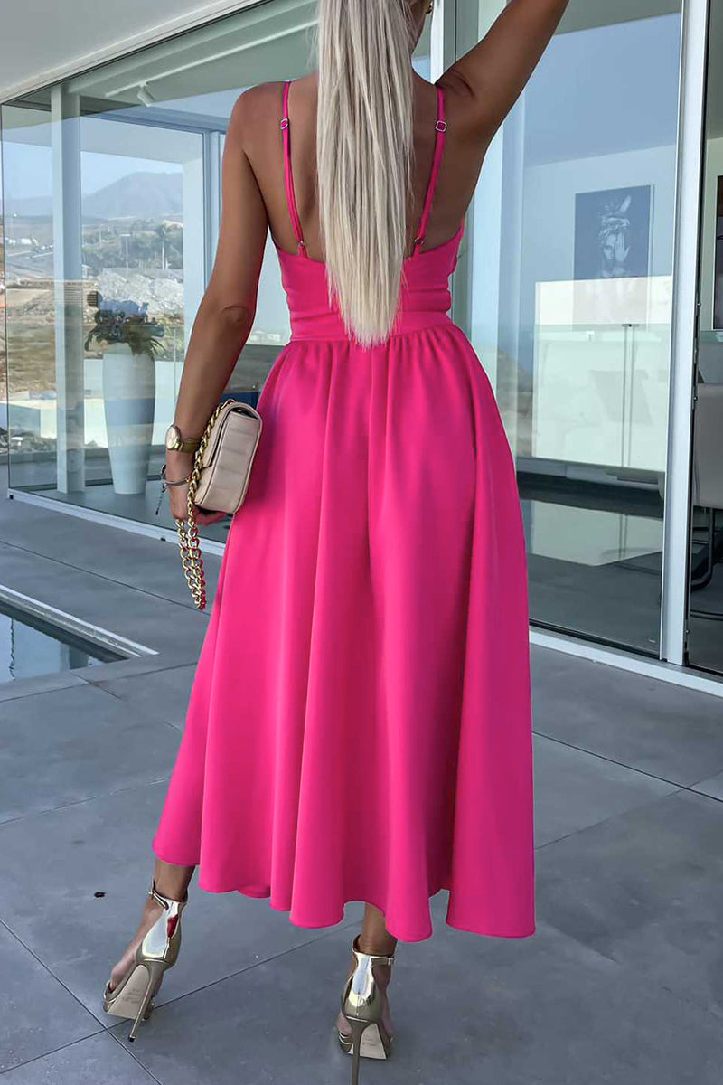 Vestidos de noche sexis de celebridades, lisos, con bolsillos ahuecados y abertura con escote en V.