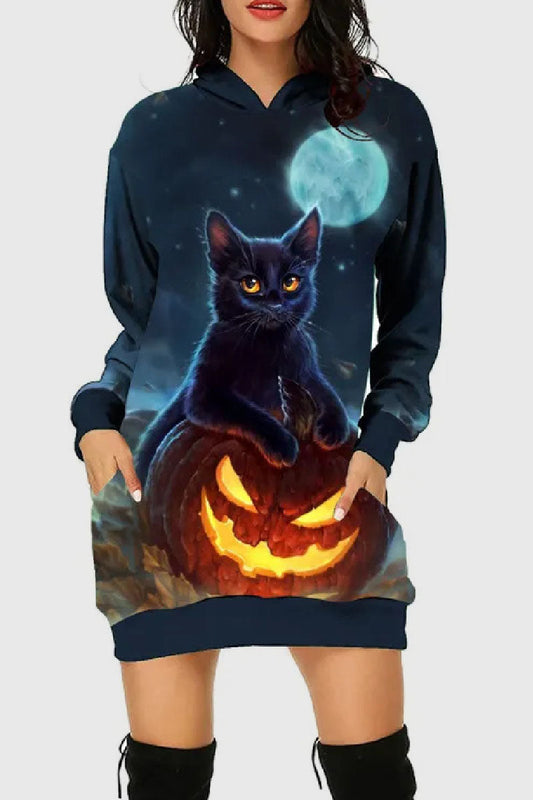 Vestidos casuales de manga larga con cuello y capucha básicos y estampados