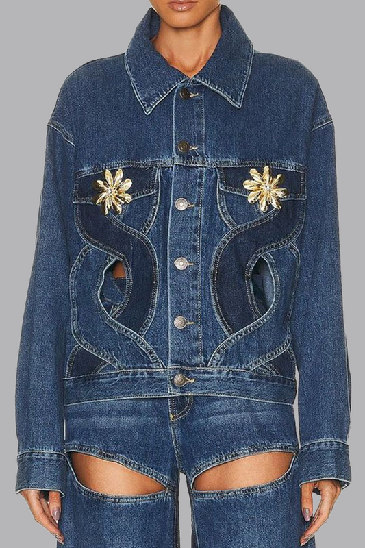 Chaqueta vaquera informal de color liso con botones ahuecados, accesorios de metal, decoración, cuello vuelto, manga larga, estilo regular
