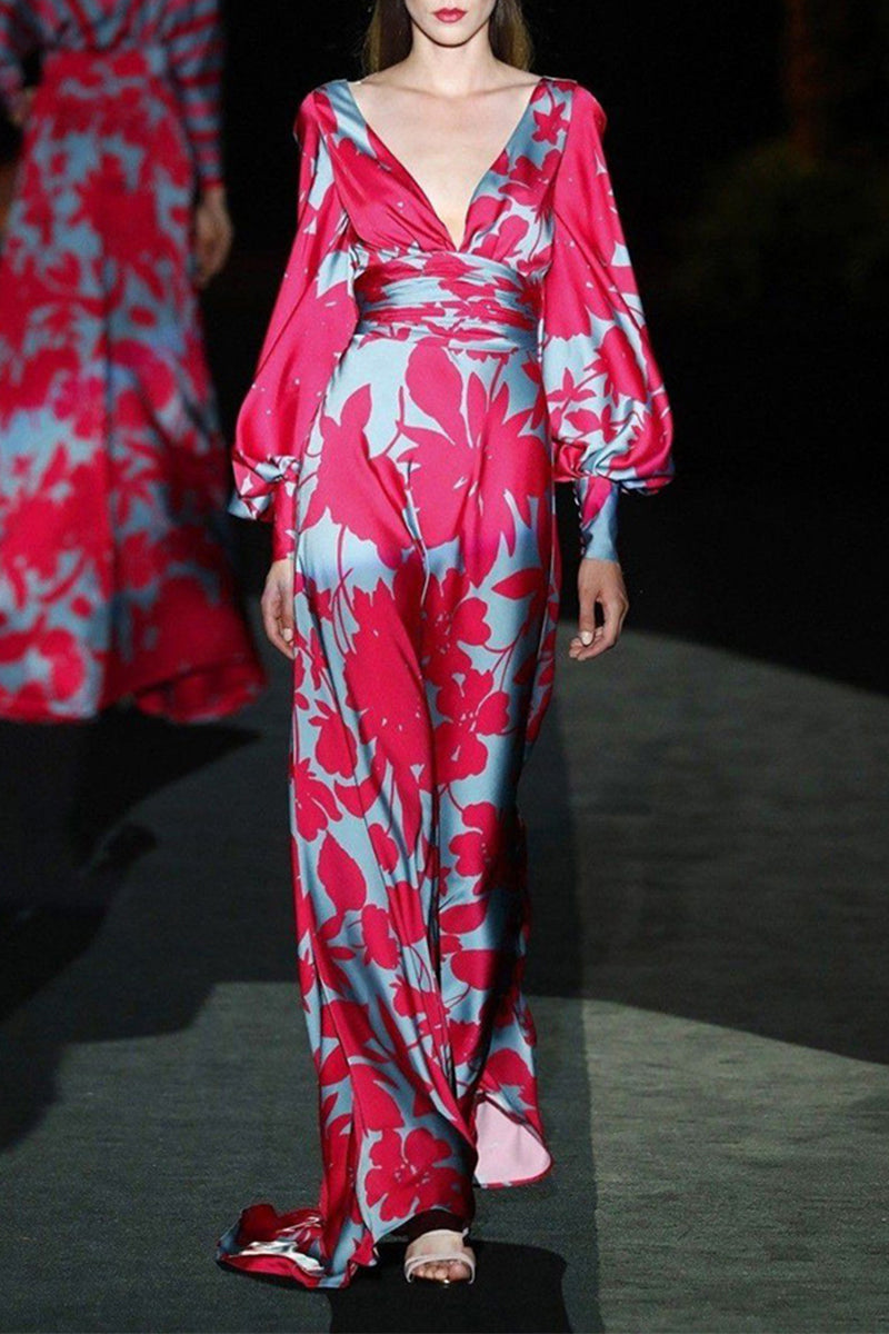 Elegante vestido estampado con cuello en V y patchwork floral