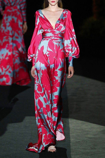 Elegante vestido estampado con cuello en V y patchwork floral