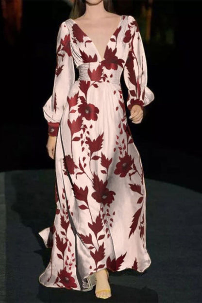Elegante vestido estampado con cuello en V y patchwork floral