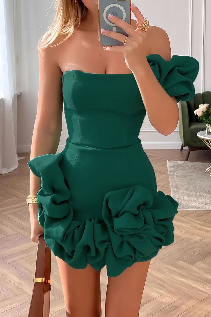 Vestidos asimétricos de un solo hombro con pliegues sólidos y sexys