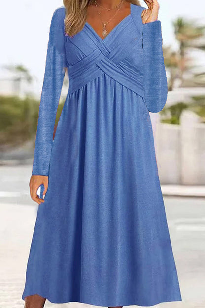 Vestidos casuales de manga larga con cuello en V y patchwork liso