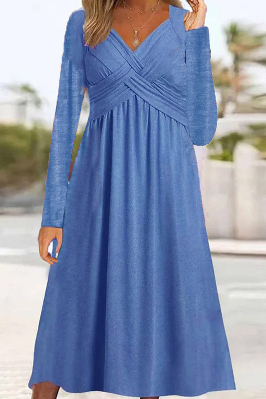 Vestidos casuales de manga larga con cuello en V y patchwork liso