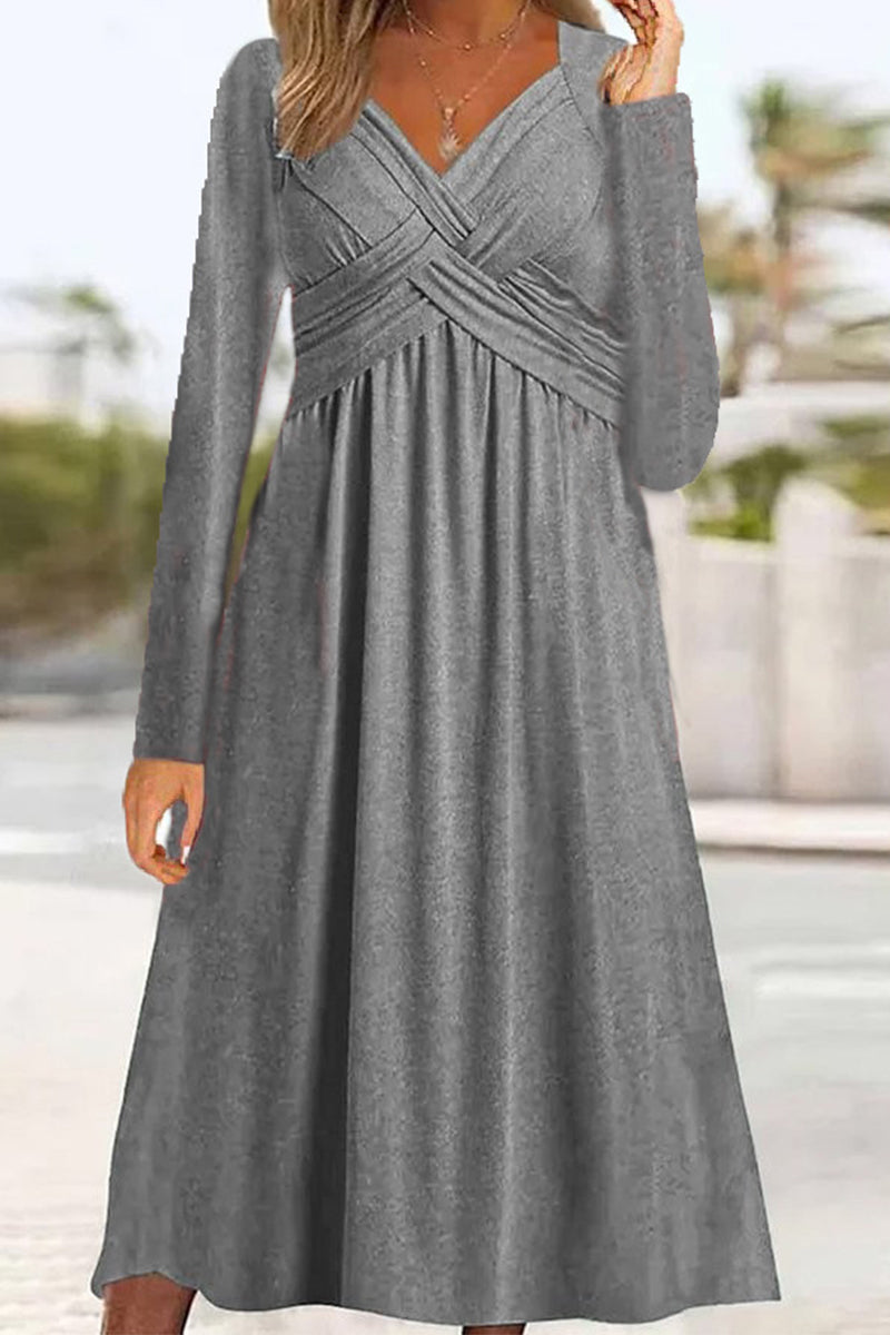 Vestidos casuales de manga larga con cuello en V y patchwork liso