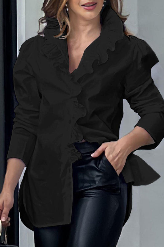 Blusa informal con cuello vuelto, volantes y hebillas de patchwork (8 colores)