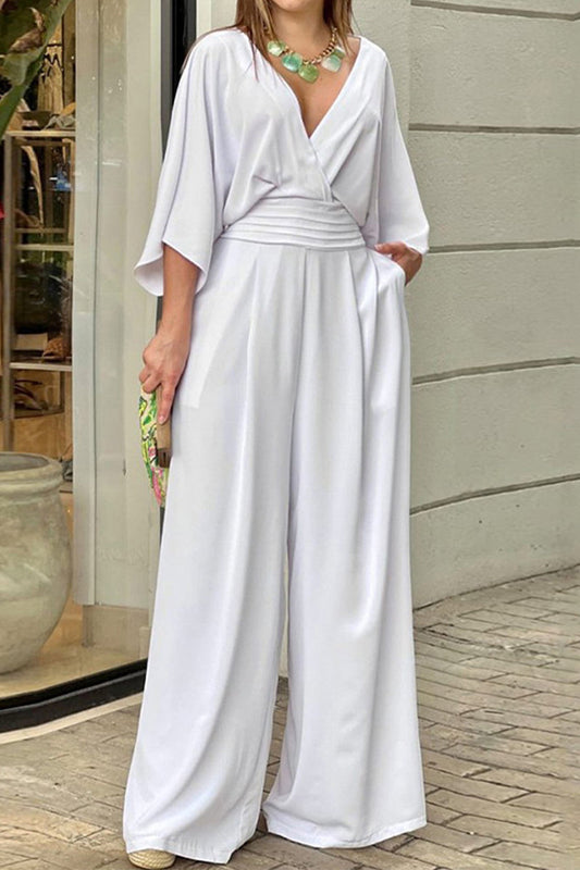 Mono elegante con escote en V holgado y pliegues lisos (3 colores)