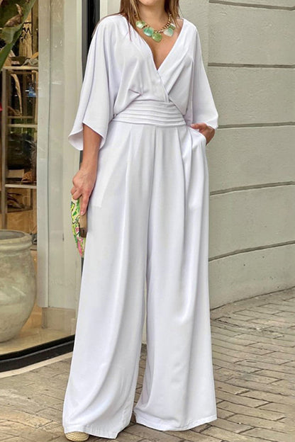 Mono elegante con escote en V holgado y pliegues lisos (3 colores)