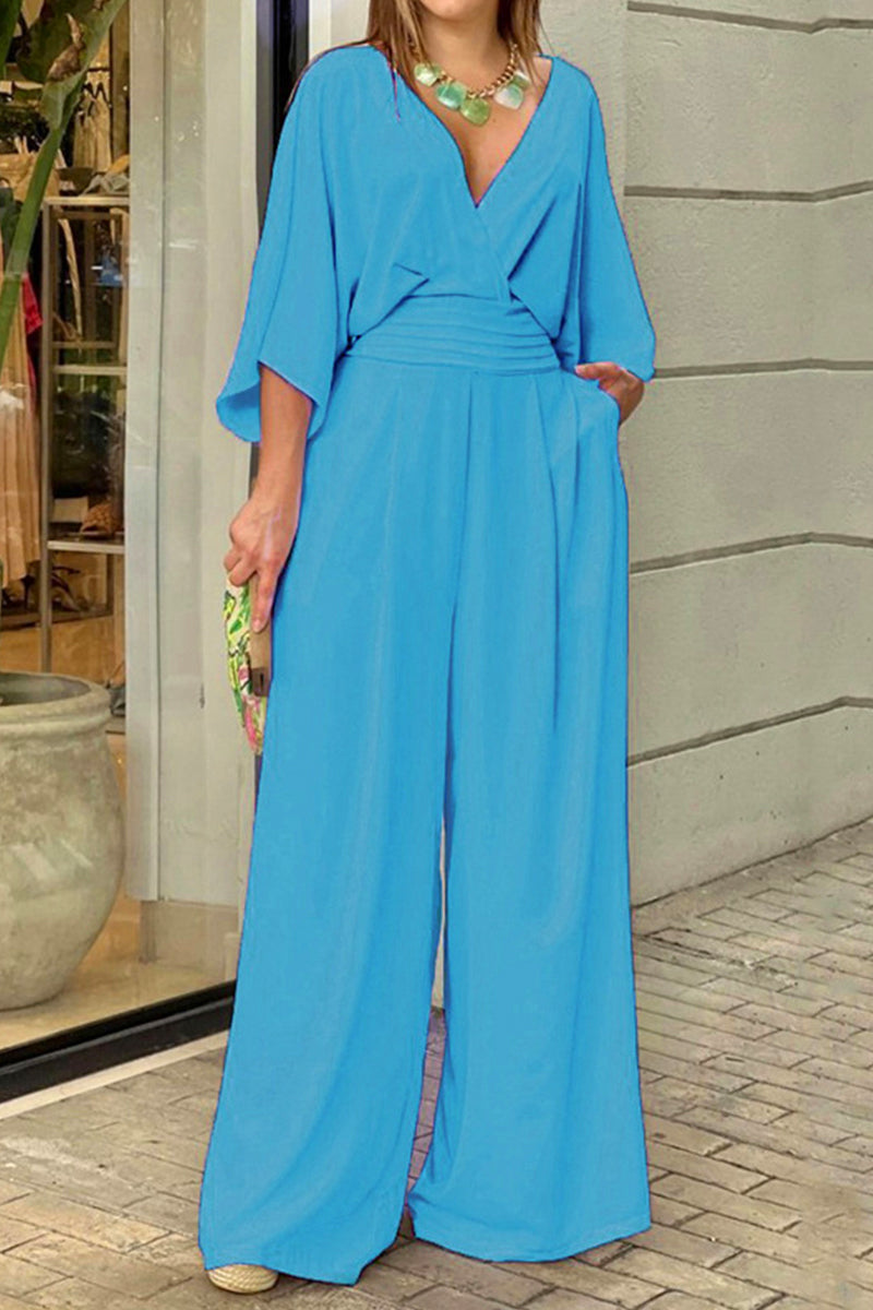 Mono elegante con escote en V holgado y pliegues lisos (3 colores)