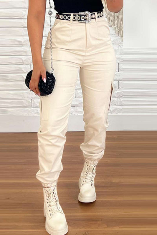 Pantalones casuales de talle alto con parches lisos y convencionales (sin cinturón)