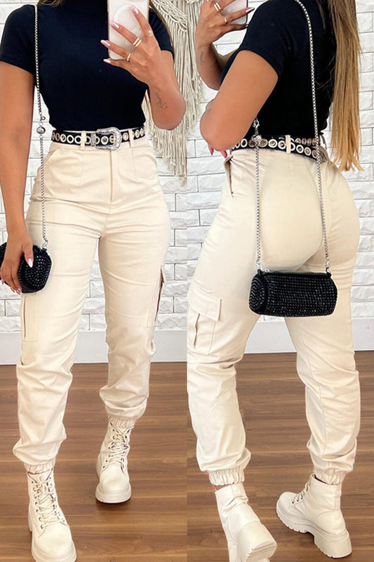 Pantalones casuales de talle alto con parches lisos y convencionales (sin cinturón)