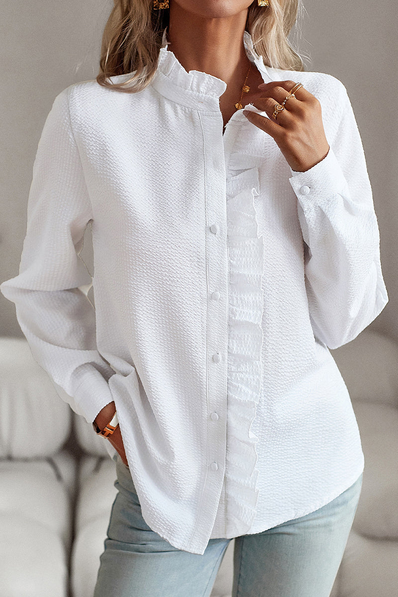 Tops con cuello de hoja de loto y patchwork sólido de estilo británico