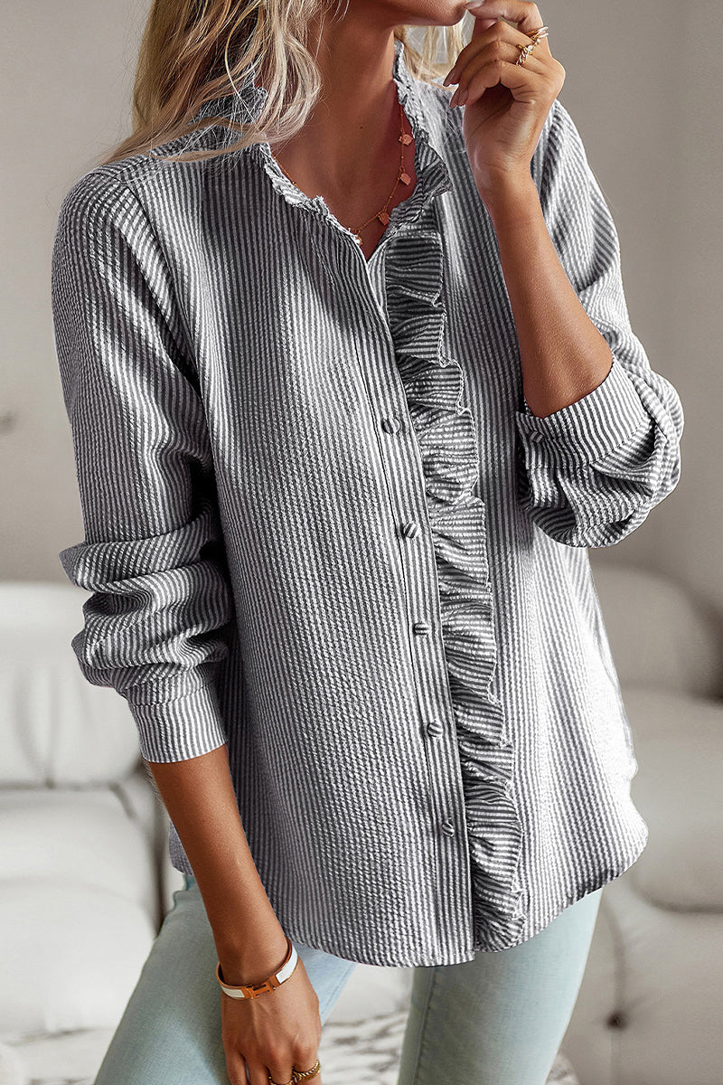 Blusas de estilo británico con cuello de hoja de loto y patchwork liso (4 colores)