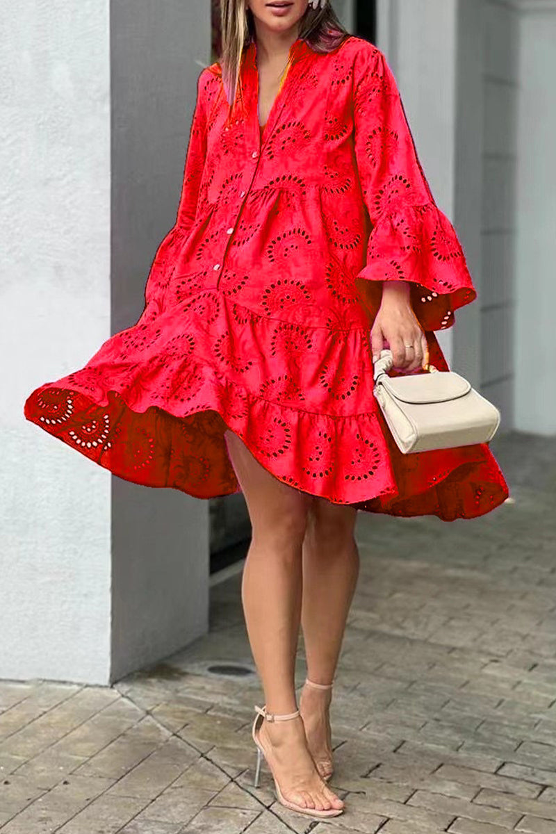 Elegant Solid Lace Hollowed Out V Neck A Line Dresses(8 Colors)