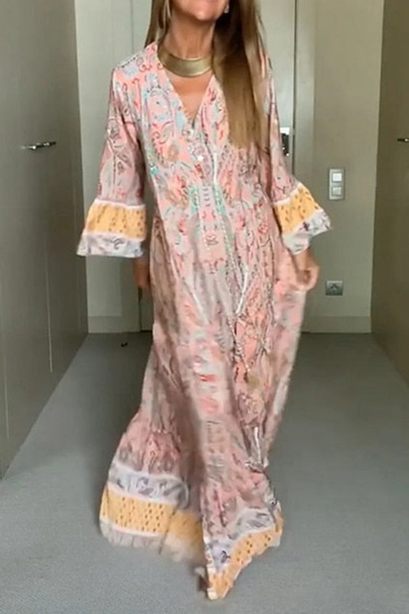 Vestidos bohemios elegantes con cuello en V y patchwork floral