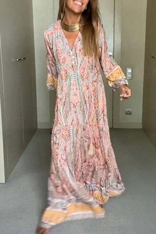 Vestidos bohemios elegantes con cuello en V y patchwork floral