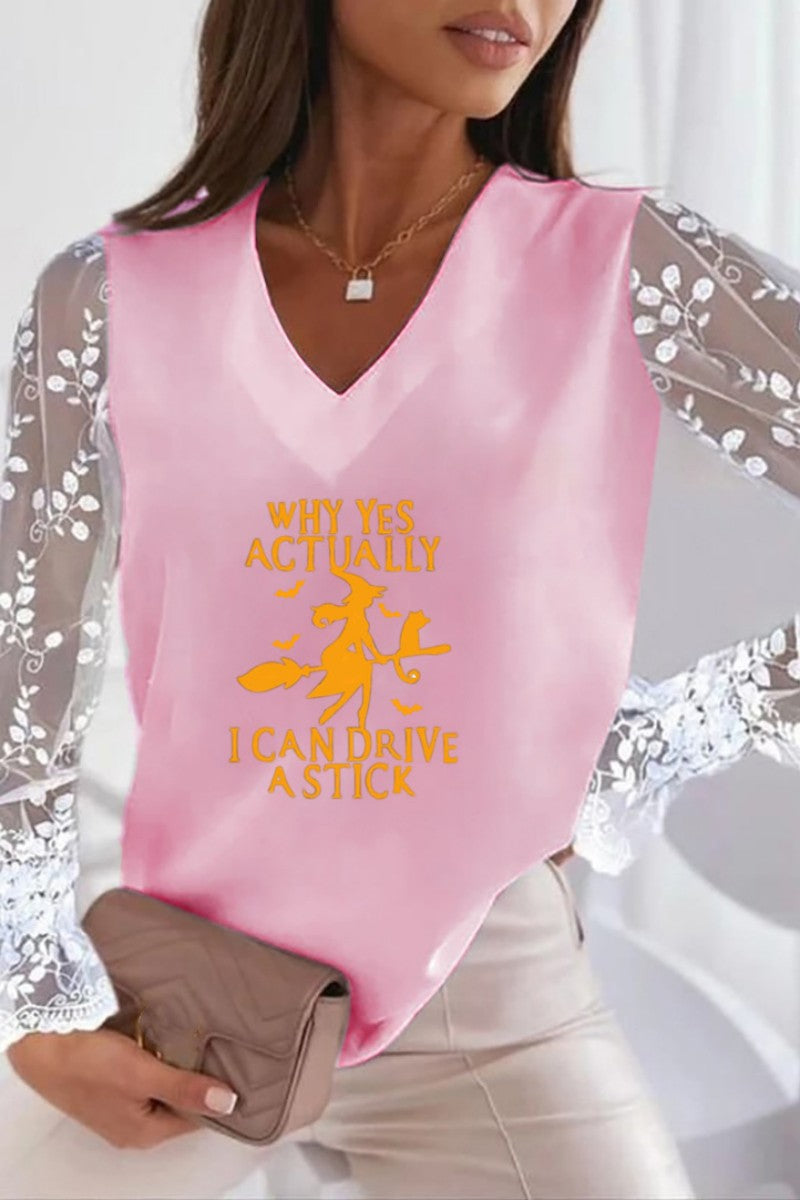 Tops casuales con cuello en V y patchwork con estampado