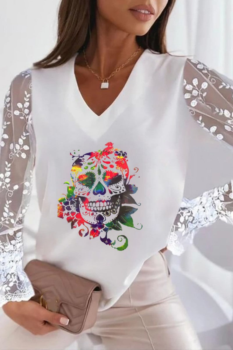 Tops casuales con cuello en V y patchwork con estampado