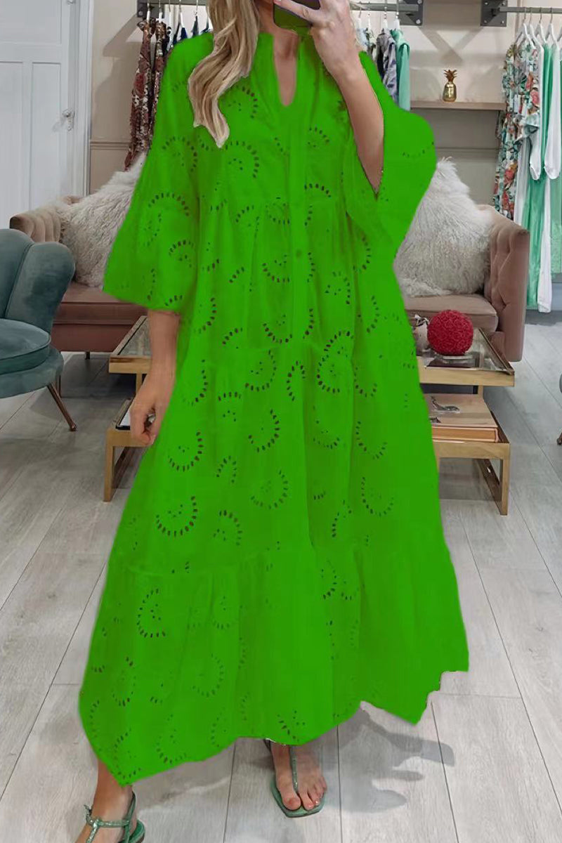 Vestidos casuales de corte A con escote en V, lisos y ahuecados (8 colores)