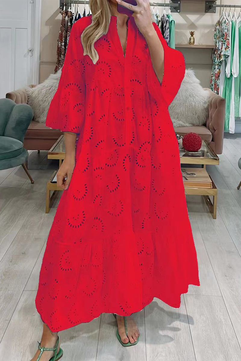 Vestidos casuales de corte A con escote en V, lisos y ahuecados (8 colores)