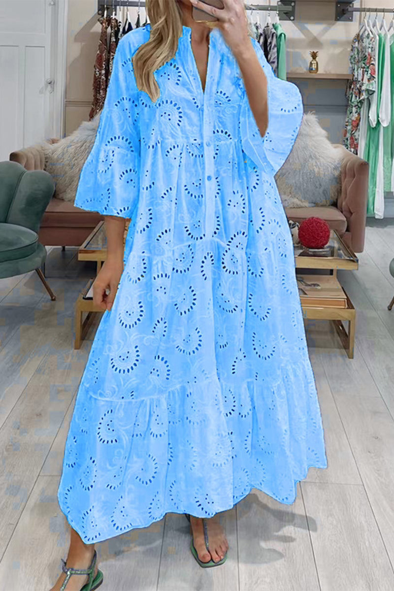 Vestidos casuales de corte A con escote en V, lisos y ahuecados (8 colores)