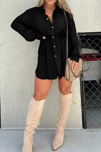 Conjunto informal de dos piezas con cuello vuelto, manga larga y frenillo liso (7 colores)