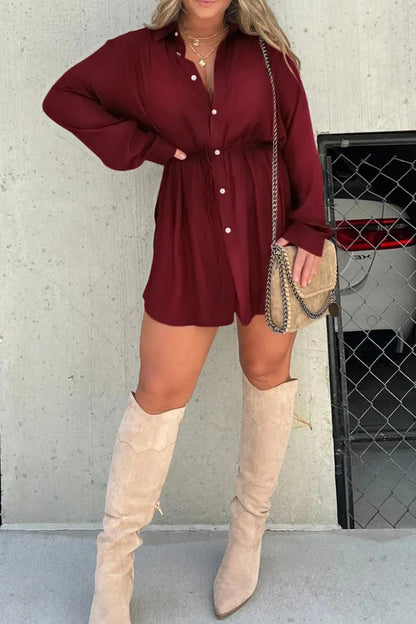 Conjunto informal de dos piezas con cuello vuelto, manga larga y frenillo liso (7 colores)