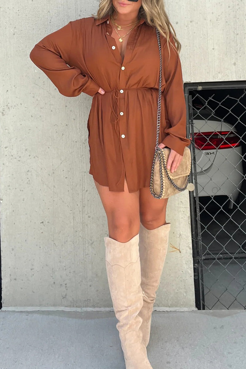 Conjunto informal de dos piezas con cuello vuelto, manga larga y frenillo liso (7 colores)