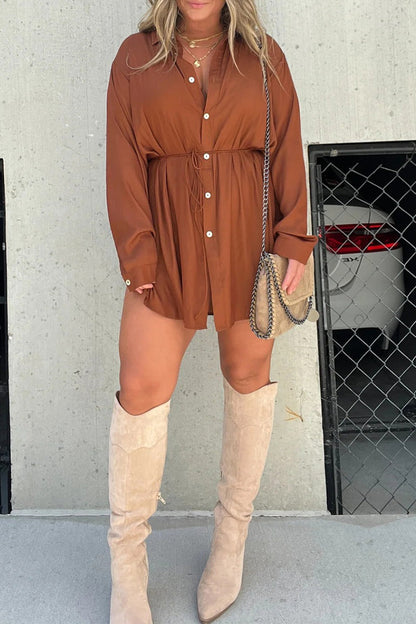 Conjunto informal de dos piezas con cuello vuelto, manga larga y frenillo liso (7 colores)