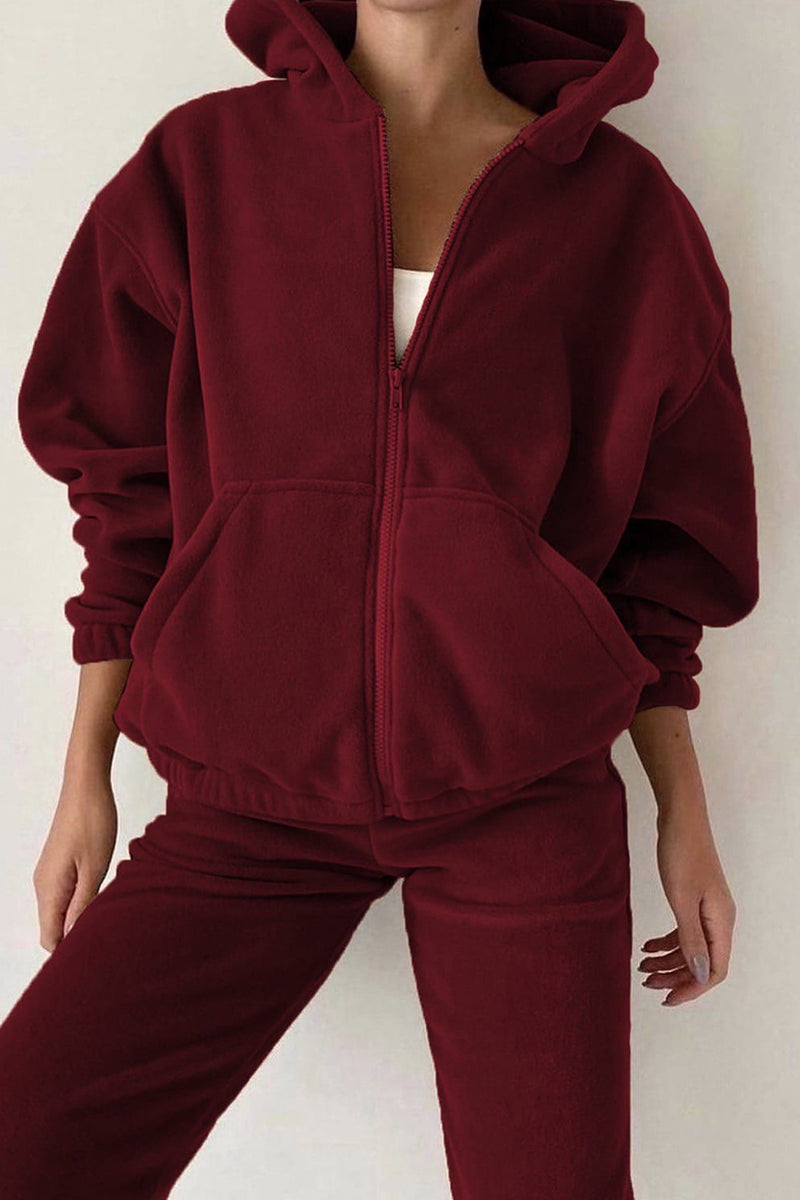 Conjunto informal de dos piezas con capucha, cuello y manga larga, color sólido y cremallera