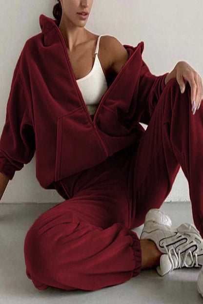 Conjunto informal de dos piezas con capucha, cuello y manga larga, color sólido y cremallera