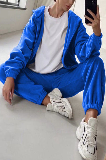 Conjunto informal de dos piezas con capucha, cuello y manga larga, color sólido y cremallera
