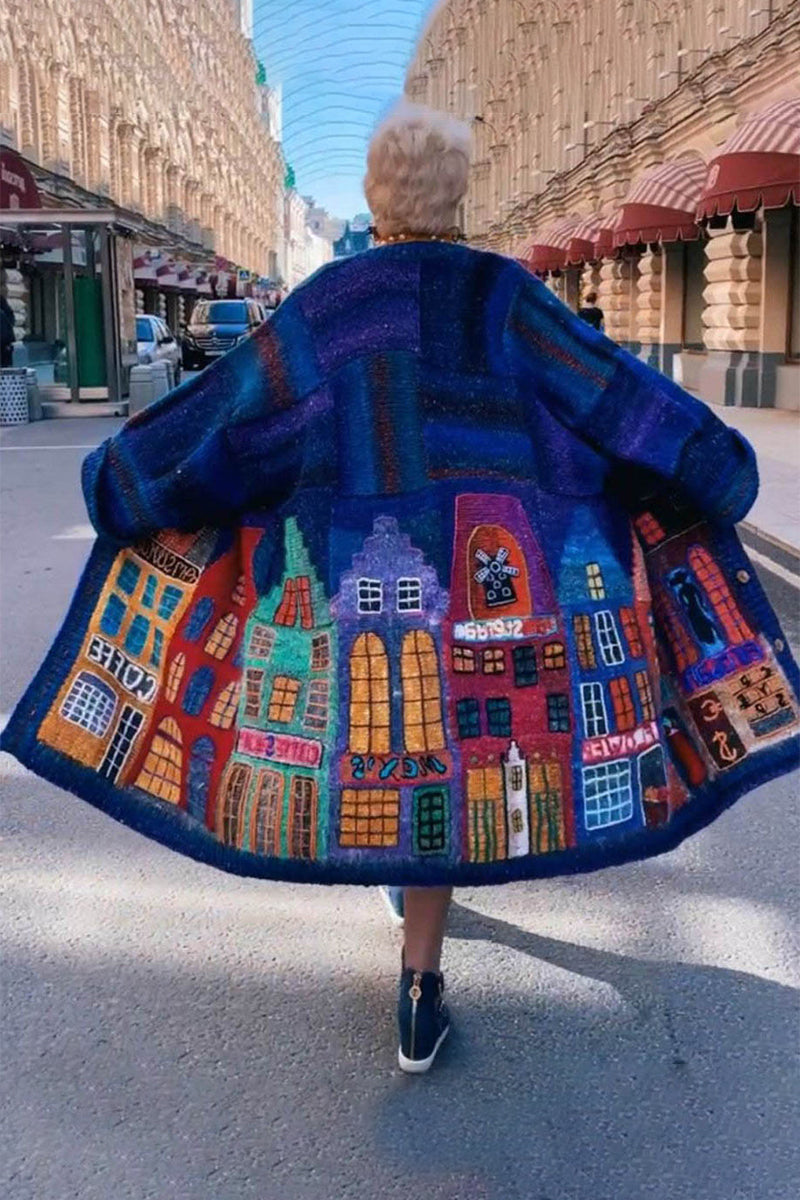 Prendas de abrigo con cuello redondo y patchwork con estampado urbano