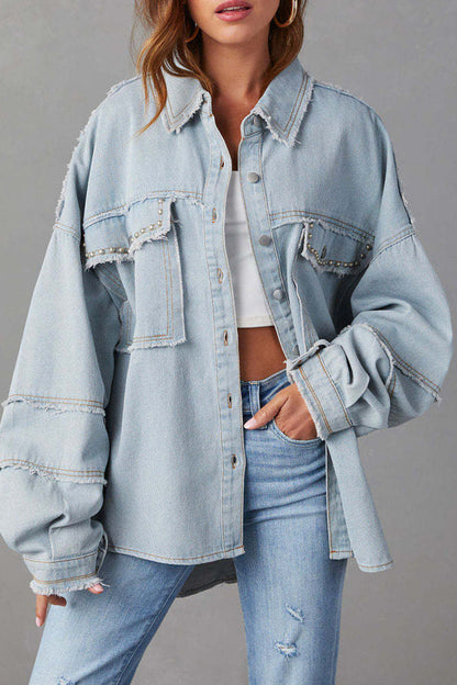 Chaqueta vaquera informal de manga larga con cuello vuelto y parches lisos