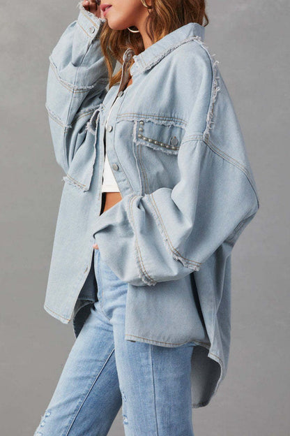 Chaqueta vaquera informal de manga larga con cuello vuelto y parches lisos
