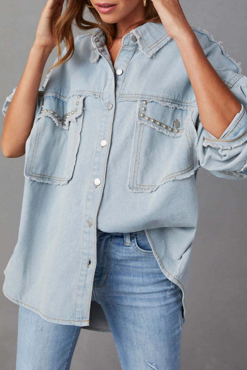 Chaqueta vaquera informal de manga larga con cuello vuelto y parches lisos
