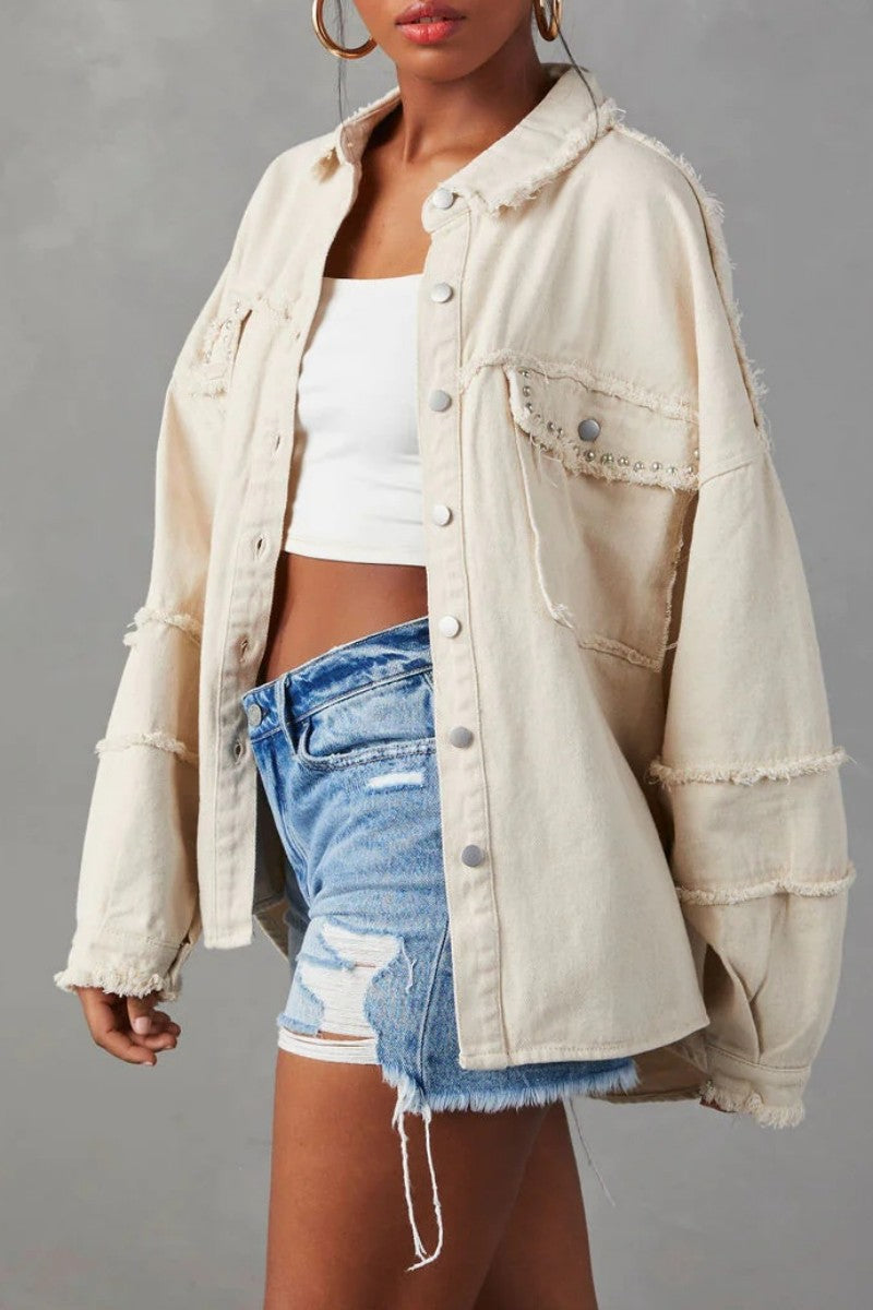 Chaqueta vaquera informal de manga larga con cuello vuelto y parches lisos