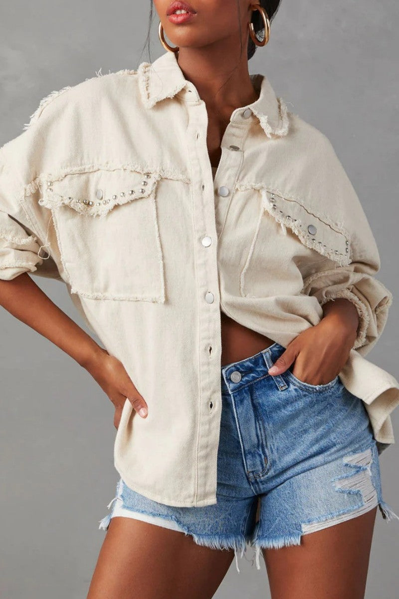 Chaqueta vaquera informal de manga larga con cuello vuelto y parches lisos