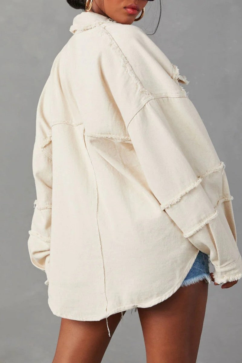 Chaqueta vaquera informal de manga larga con cuello vuelto y parches lisos