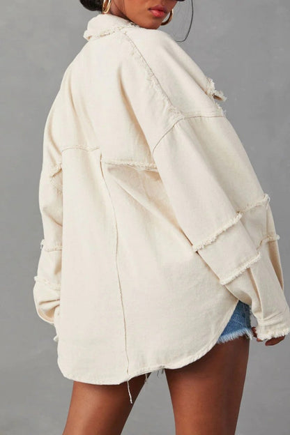Chaqueta vaquera informal de manga larga con cuello vuelto y parches lisos