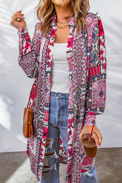 Blusa con cuello vuelto, estampado geométrico y contraste, estilo bohemio universitario (7 colores)