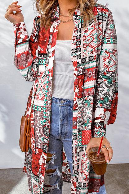 Blusa con cuello vuelto, estampado geométrico y contraste, estilo bohemio universitario (7 colores)