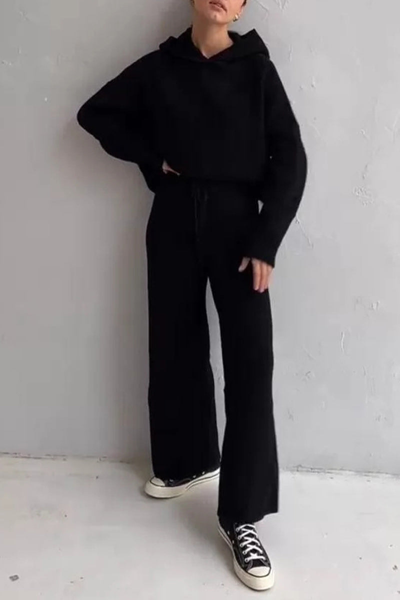 Conjunto informal de dos piezas con capucha, cuello alto, manga larga y cordón ajustable (4 colores)