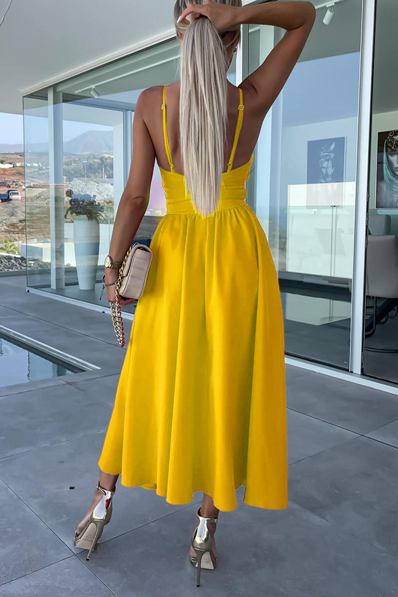 Vestidos de noche sexis de celebridades, lisos, con bolsillos ahuecados y abertura con escote en V.