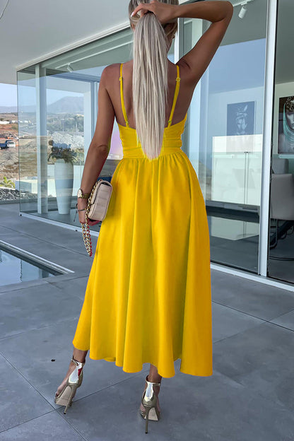 Vestidos de noche sexis de celebridades, lisos, con bolsillos ahuecados y abertura con escote en V.
